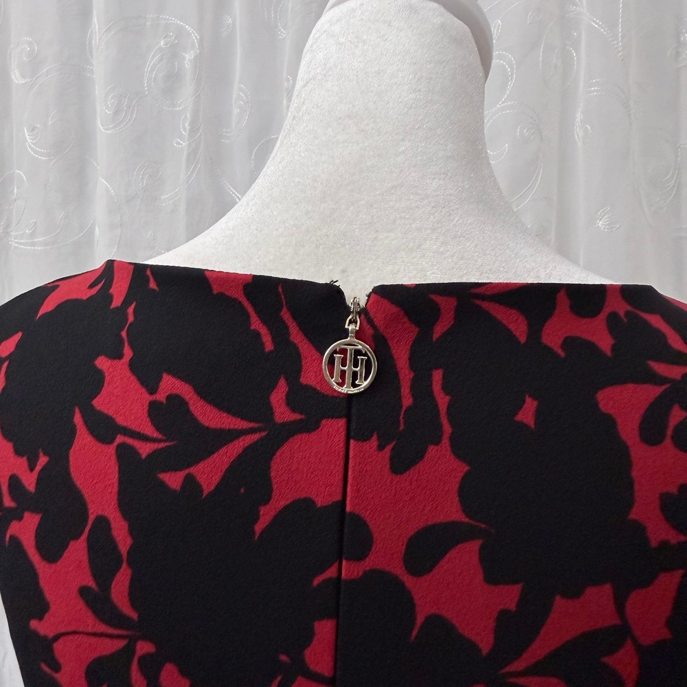 Tommy Hilfiger Red Black Floral Sheath Dress Sleeveless Bateau Neck Size 2 - Picture 4 of 9
